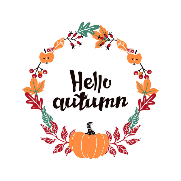 Vector Illustration with Hand Drawn Lettering and Wreath of Autumn Leaves. Vector Hand Lettering. - ベクター画像