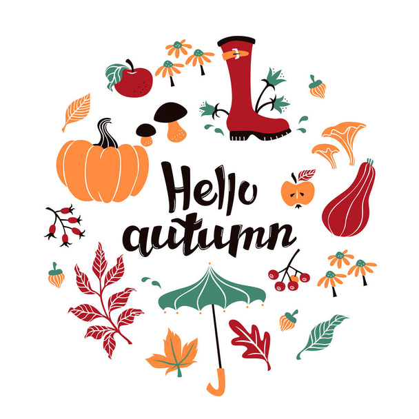 Circle Frame with Text Hello Autumn and Hand Drawn Elements. Fall Background with Leaves. - Vector, imagen