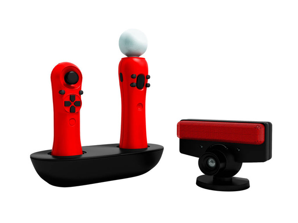 Moderne rode spelbesturingen draadloze voor videospelletjes met beweging sensoren 3d render op witte achtergrond geen schaduw - Foto, afbeelding