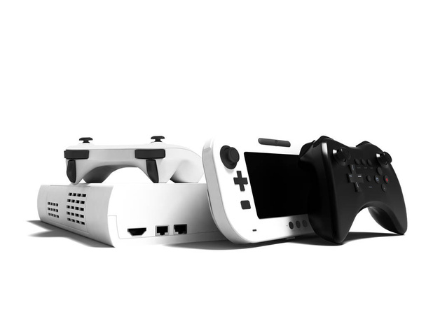 moderne weiße Steuerknüppel mit Videospielkonsole und tragbarer Spielkonsole 3D-Rendering auf weißem Hintergrund mit Schatten - Foto, Bild