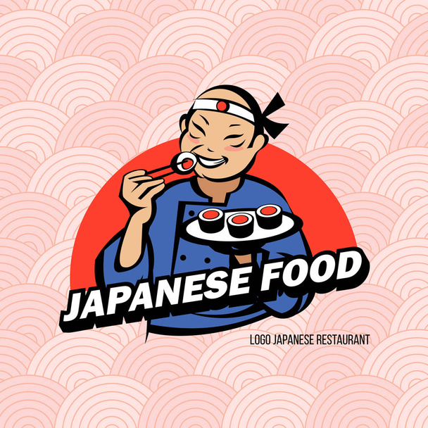 着物に身を包んだ日本人が寿司や巻きを食べる。日本料理のベクトルロゴ。寿司屋。新鮮な魚介類. - ベクター画像
