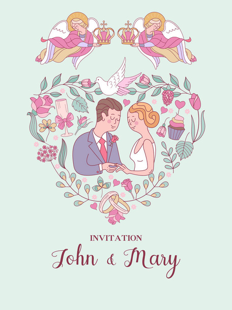 Happy weddings. Wedding card. Wedding invitation. The bride and groom framed by roses in the shape of a heart. Two angels hold wedding crowns over the heads of the bride and groom. Cute vector illustration. - Vector, Image