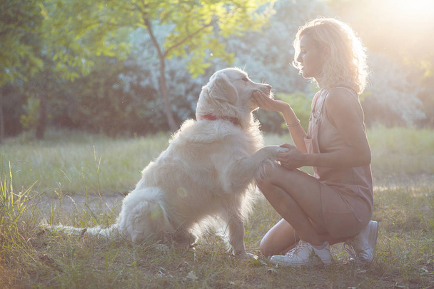 Cute young girl on a walk with a beautiful beautiful dog in the park. - Фото, зображення