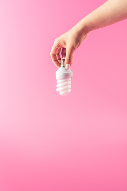 close-up partial view of person holding light bulb isolated on pink - Фото, зображення