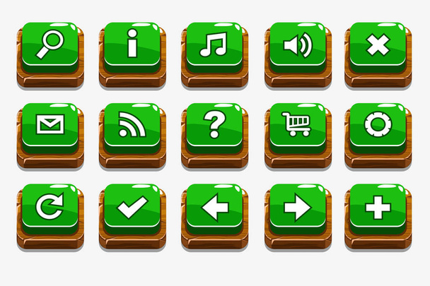 Wooden square Green buttons with different menu elements for web or game design, similar JPG copy - Photo, Image