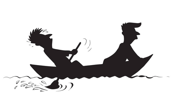 2 openhartige man figuurtocht in oude kleine houten ski skiff geïsoleerd op witte meer achtergrond. Donkere zwarte inkt getekend logo schets in art retro contour print stijl. Zijaanzicht met ruimte voor tekst aan de hemel - Vector, afbeelding