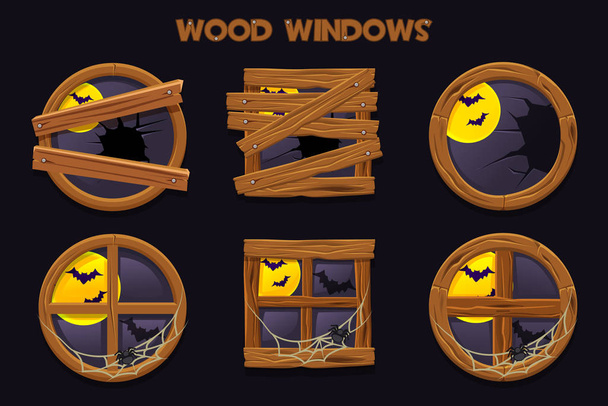 Разные формы и старые разбитые деревянные окна, мультяшные строительные объекты с паутиной и полная луна. Элемент домашний интерьер, аналогичный JPG копию
 - Фото, изображение