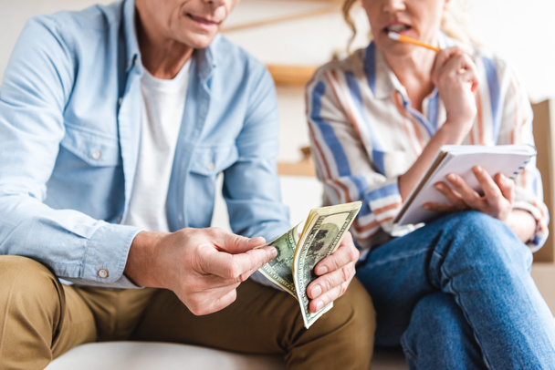 cropped shot of elderly couple counting money and taking notes during relocation - Photo, Image