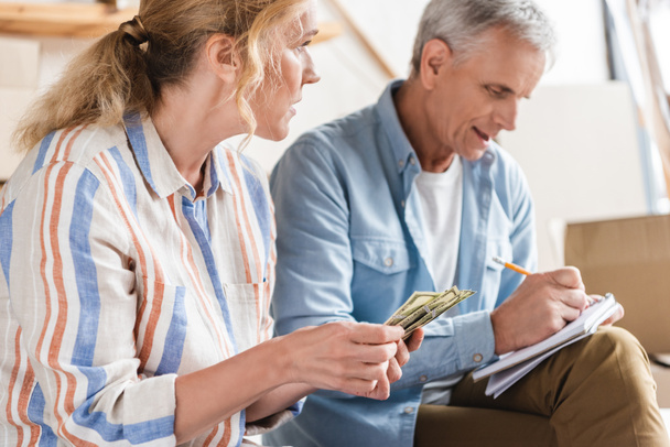 couple âgé comptant l'argent et prenant des notes dans le carnet pendant la réinstallation
  - Photo, image