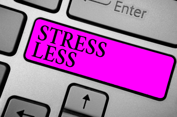 Conceptual hand writing showing Stress Less. Business photo text Stay away from problems Go out Unwind Meditate Indulge Oneself Keyboard purple key computer computing reflection document - Photo, Image