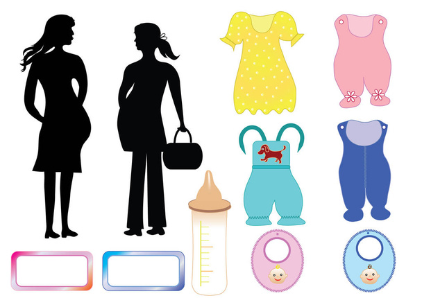 妊娠中の女性と赤ちゃんのための服。母性とセットの幼児服のシルエットのイラストです。ベクトル形式. - ベクター画像