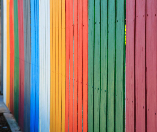 vintage rainbow colorful fences background. construction industrial interior, exterior materials concept. - Fotoğraf, Görsel