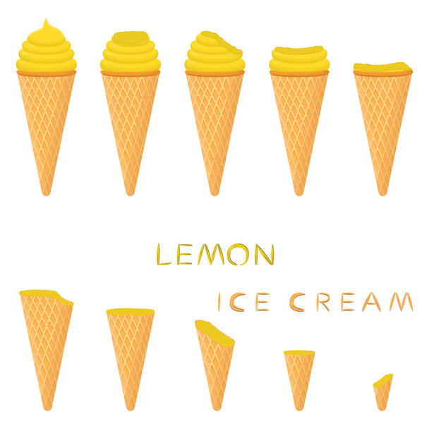 Vector illustration for natural lemon ice cream on waffle cone. Ice Cream pattern consisting of sweet cold icecream, tasty frozen dessert. Fresh fruit icecreams of lemon in wafer cones. - ベクター画像