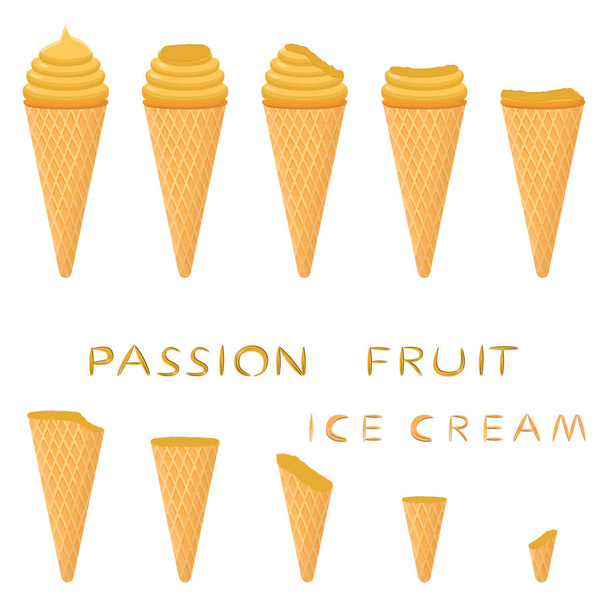 Vektori kuvitus luonnon passionhedelmä jäätelöä vohveli kartio. Jäätelö kuvio koostuu makea kylmä jäätelö, maukas jäädytetty jälkiruoka. Tuoreet passiohedelmäjäätelöt vohvelikekseissä
 - Vektori, kuva
