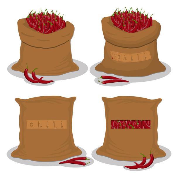 Ilustración vectorial para bolsas llenas de chile rojo vegetal, almacenamiento en sacos. Patrón de chile que consiste en alimentos maduros, producto crudo en saco abierto. Sabroso chile de eco saco, bolsa llena
. - Vector, imagen