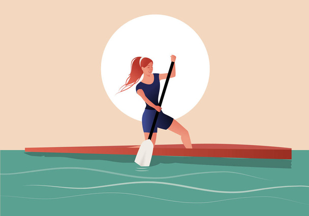 Sportlerin mit Haaren im Wind beim sportlichen Rudern im Kanu - Vektor, Bild