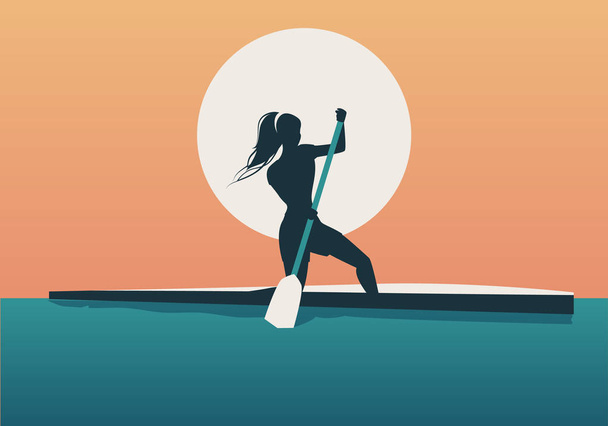 Atleta ragazza con i capelli nel vento praticare canottaggio sportivo in canoa
 - Vettoriali, immagini