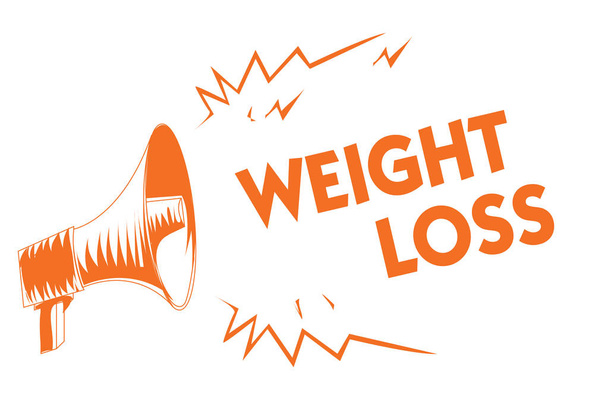 体重減少を示すテキスト記号。概念的な写真体液筋質量を減らす脂肪処分組織オレンジ メガホン スピーカーの重要なメッセージが叫んで大声で話すの減少 - 写真・画像