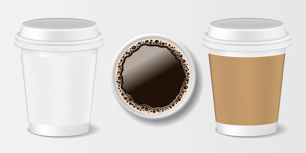 Conjunto de papel realista para llevar taza de café. Taza de papel 3d para café, vista frontal y superior. Ilustración vectorial
 - Vector, imagen