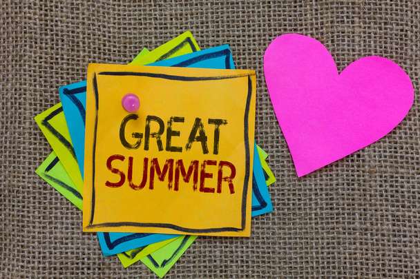 Conceptual hand writing showing Great Summer. Business photo text Having Fun Good Sunshine Going to the beach Enjoying outdoor Paper notes Important reminders Romantic message Jute background - Photo, Image
