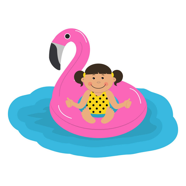 Ładna dziewczynka w nadmuchiwane koło w formie różowe flamingi. Wektor ilustracja na białym tle - Wektor, obraz