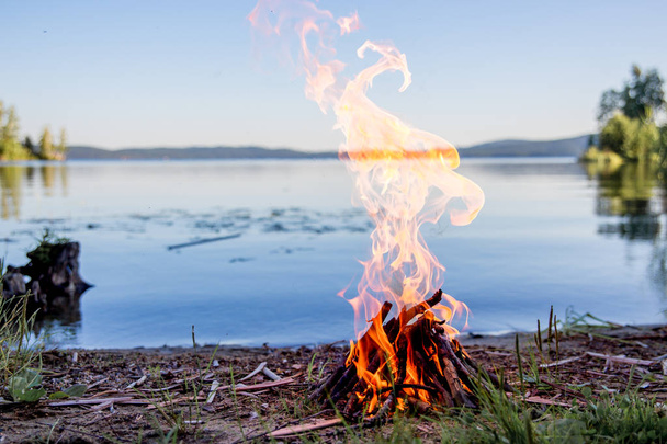 Beautiful campfire in the evening at lake. Fire burning in dusk at campsite - 写真・画像