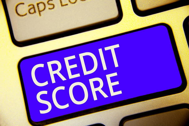 Conceptual hand writing showing Credit Score. Business photo showcasing Represent the creditworthiness of an individual Lenders rating Keyboard blue key Intention computer reflection document - Photo, Image