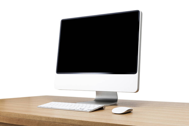 υπολογιστή στο ξύλινο τραπέζι στο λευκό φόντο. - Φωτογραφία, εικόνα