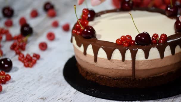 Tripla csoki mousse torta díszítik a friss bogyós gyümölcsök - Felvétel, videó
