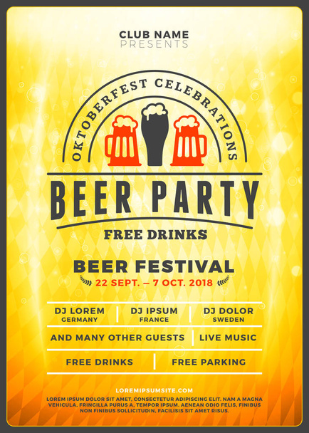 Γιορτή Φεστιβάλ μπύρας Oktoberfest. Τυπογραφία αφίσα ή πρότυπο flyer για κόμμα μπύρα. Εκλεκτής ποιότητας μπύρα ετικέτα στο παρασκήνιο golden μπύρα με εφέ φωτισμού - Διάνυσμα, εικόνα