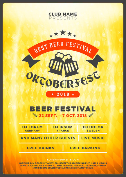 Γιορτή Φεστιβάλ μπύρας Oktoberfest. Τυπογραφία αφίσα ή πρότυπο flyer για κόμμα μπύρα. Εκλεκτής ποιότητας μπύρα ετικέτα στο παρασκήνιο golden μπύρα με εφέ φωτισμού - Διάνυσμα, εικόνα