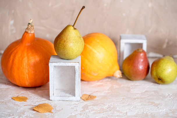 Autumn nature concept. Fall fruit and vegetables on wood. Thanksgiving dinner. white wooden box. on a concrete light background - Zdjęcie, obraz