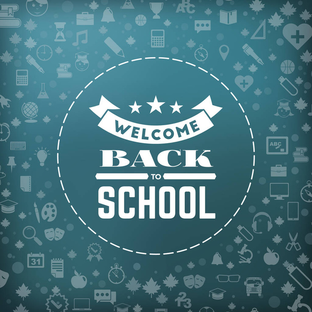 Back to school typographic badge in blackboard. Vector background with flat style school icons. Sale banner - Διάνυσμα, εικόνα