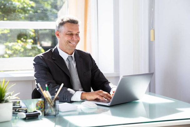 Happy Mature Businessman Using Laptop Over Office Desk - Fotó, kép