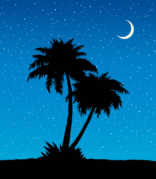 Летом африканские тропические леса пальмы живописный вид с пространством для текста на темно-синем фоне ночного неба. Высокие пышные ветки кустарника в поле оазиса пустыни. Графическая картинка на открытом воздухе
 - Вектор,изображение