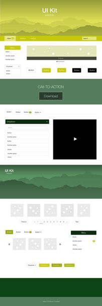 Verde claro, kit de ui web vector amarillo con montañas. Kit de diseño de material simple con montañas de colores en la cabecera. Plantilla para landing pages de ocio
. - Vector, imagen