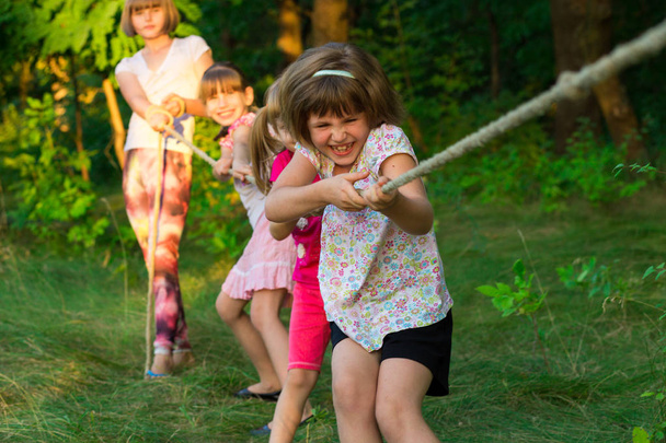 Group of happy children playing tug of war outside on grass. Kids pulling rope at park. Summer camp fun - Photo, Image
