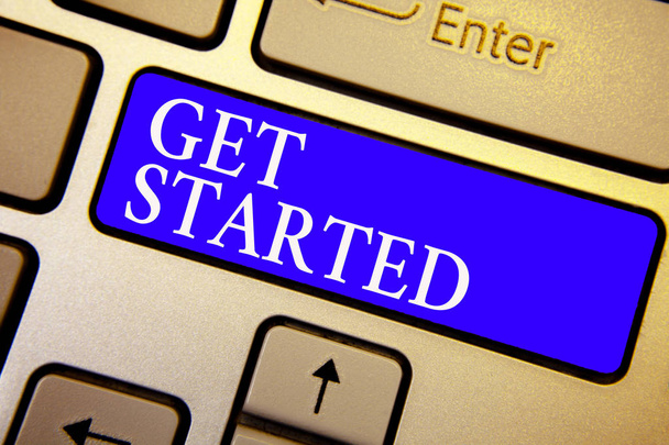 Text sign showing Get Started. Conceptual photo asking someone to begin task endeavour or process right now Keyboard blue key Intention create computer computing reflection document - Photo, Image