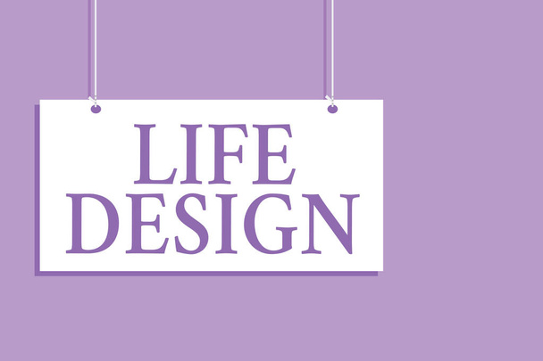 Writing note showing Life Design. Business photo showcasing balance how you live between work family and entertaining Hanging board message communication open close sign purple background - Photo, Image