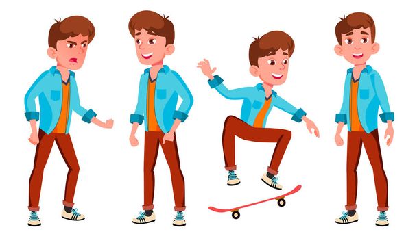 Teen Boy Poses Set Vector (em inglês). Caucasiano, positivo. Para Apresentação, Impressão, Convite Design. Ilustração de desenhos animados isolados
 - Vetor, Imagem