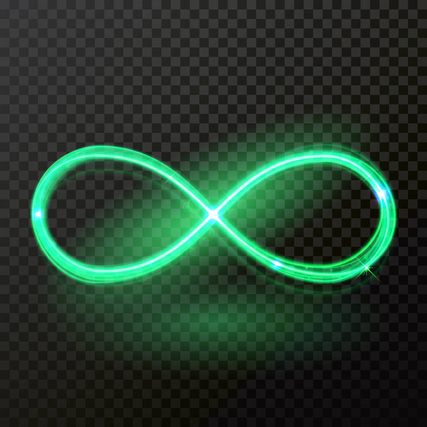 Green neon light of infinity trail trace. Vector abstract neon shine spiral twirl on transparent background - Вектор, зображення