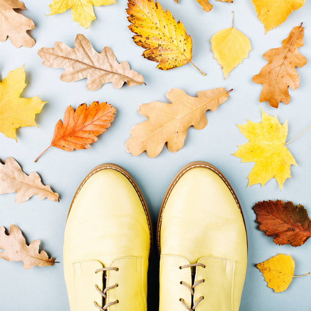 Autumn composition with shoes and dry leaves - Фото, изображение