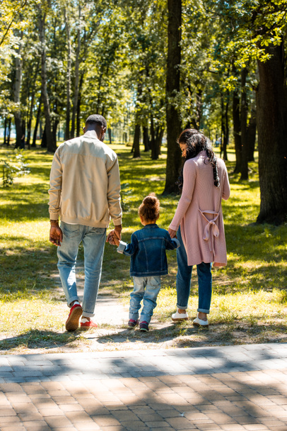 vista trasera de los padres afroamericanos y su hija caminando en el parque el fin de semana
 - Foto, imagen