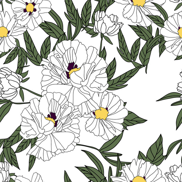 Floral seamless pattern with white peonies and leaves on white background. Hand drawn illustration. - Vektor, obrázek