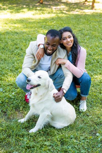 smiling african american couple hugging and squatting near dog in park - Foto, Imagen