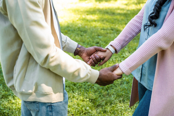 cropped image of african american couple holding hands in park - 写真・画像