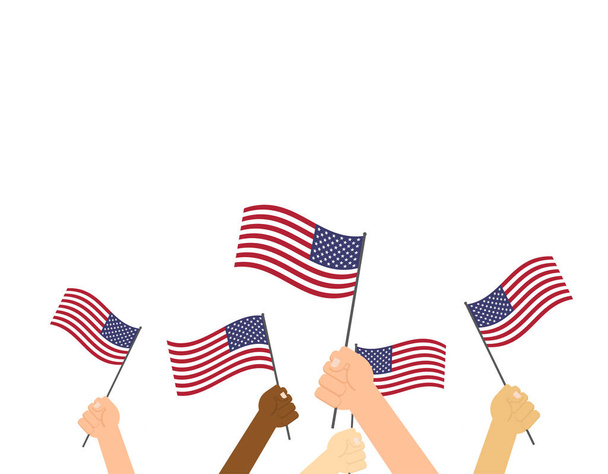 Ανθρώπινα χέρια κρατώντας σημαίες ΗΠΑ σε λευκό φόντο - Διάνυσμα, εικόνα