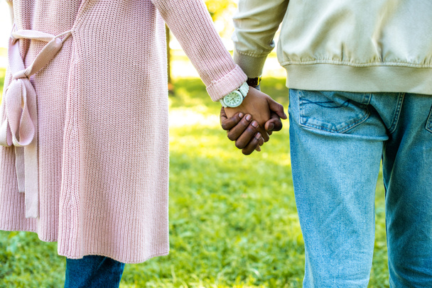 cropped image of african american couple holding hands in park - Fotoğraf, Görsel