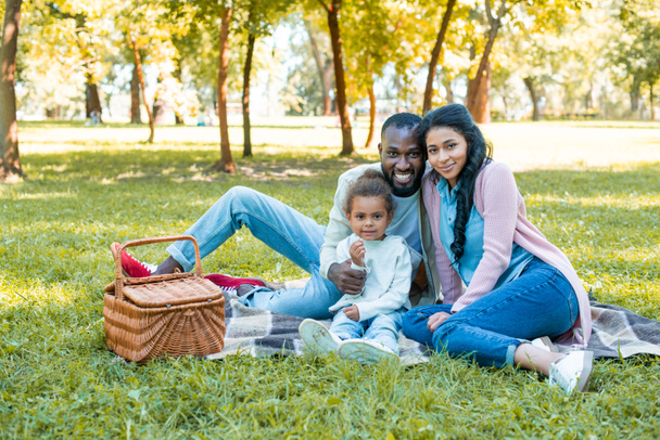 χαμογελώντας αφρικανικές αμερικανικές γονείς και κόρη κάθεται στο πικ-νικ και βλέπουν φωτογραφική μηχανή στο πάρκο - Φωτογραφία, εικόνα