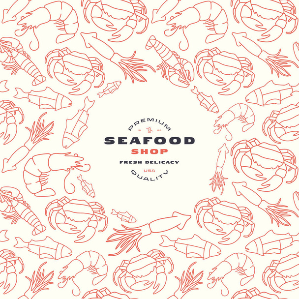 Mořské plody shop label a rám s vzorem. Krab, humr, krevety, ryby a olihně obrázek ve stylu tenké čáry. Tisk na bílém pozadí - Vektor, obrázek